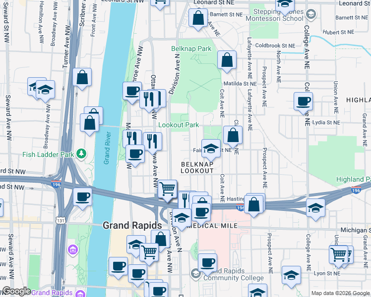 map of restaurants, bars, coffee shops, grocery stores, and more near 8 Fairbanks Street Northeast in Grand Rapids
