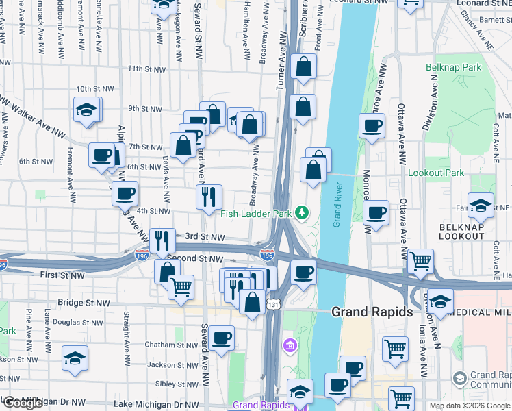 map of restaurants, bars, coffee shops, grocery stores, and more near 433 4th Street Northwest in Grand Rapids