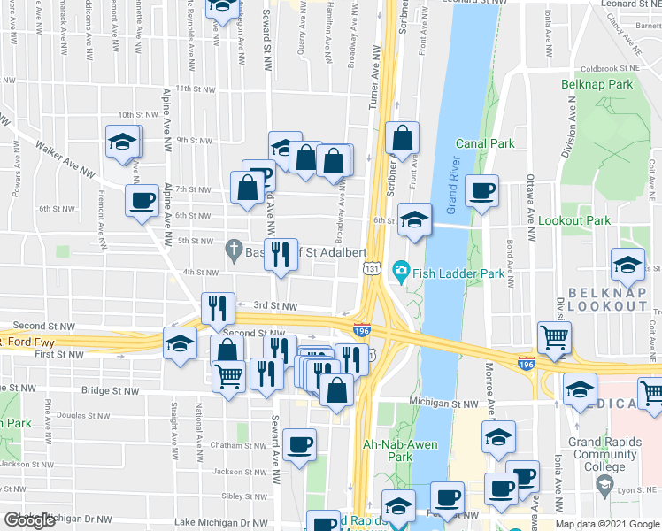 map of restaurants, bars, coffee shops, grocery stores, and more near 433 4th Street Northwest in Grand Rapids