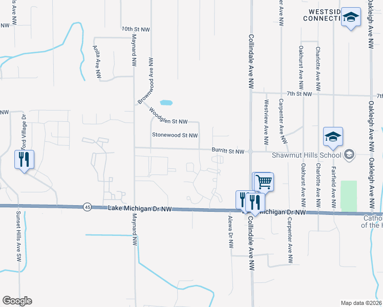 map of restaurants, bars, coffee shops, grocery stores, and more near 2902 Burritt Street Northwest in Grand Rapids