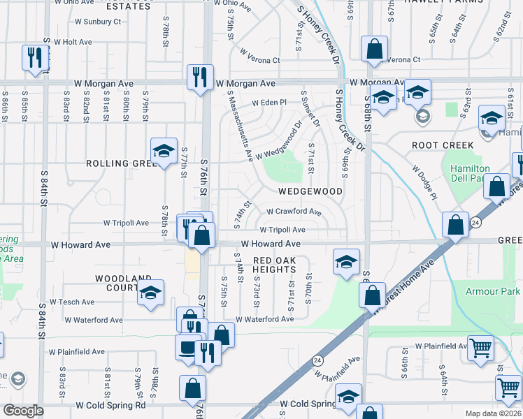 map of restaurants, bars, coffee shops, grocery stores, and more near 3831 A South 73rd Street in Milwaukee
