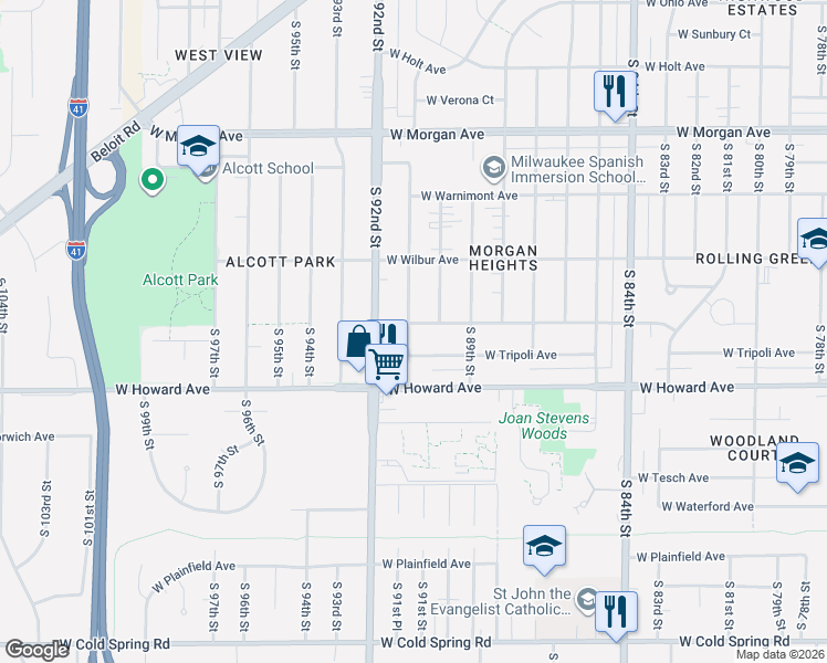 map of restaurants, bars, coffee shops, grocery stores, and more near 9022 West Tripoli Avenue in Milwaukee