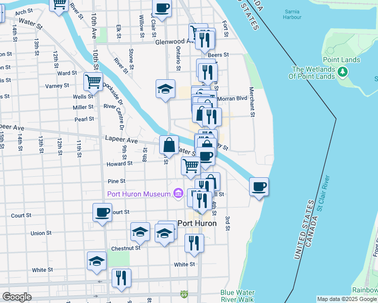 map of restaurants, bars, coffee shops, grocery stores, and more near 526 Water Street in Port Huron