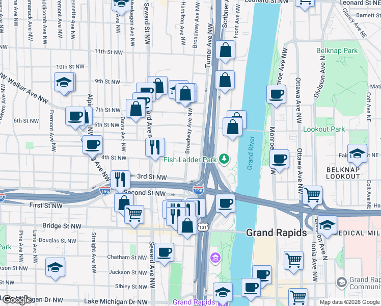 map of restaurants, bars, coffee shops, grocery stores, and more near 433 4th Street Northwest in Grand Rapids