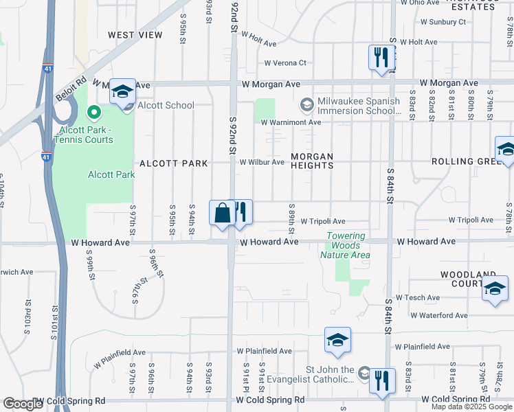 map of restaurants, bars, coffee shops, grocery stores, and more near 9031 West Crawford Avenue in Milwaukee