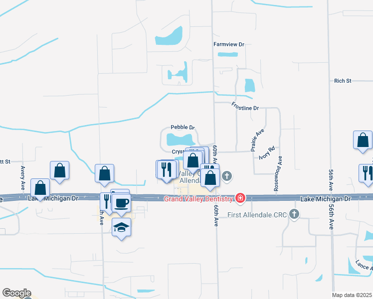 map of restaurants, bars, coffee shops, grocery stores, and more near 6086 Crystal Drive in Allendale Charter Township