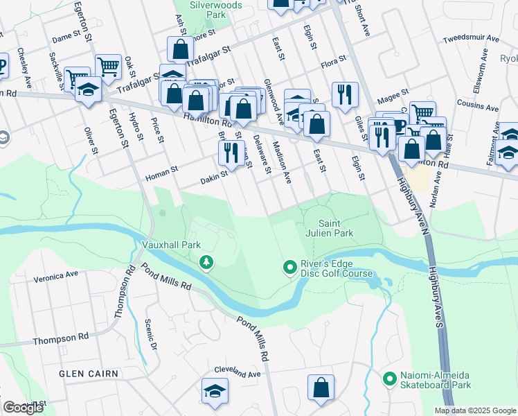 map of restaurants, bars, coffee shops, grocery stores, and more near 57 Saint Julien Street in London