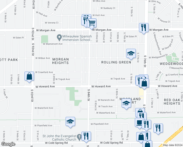 map of restaurants, bars, coffee shops, grocery stores, and more near 3810 South 84th Street in Milwaukee