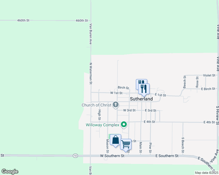 map of restaurants, bars, coffee shops, grocery stores, and more near 300-498 West 1st Street in Sutherland