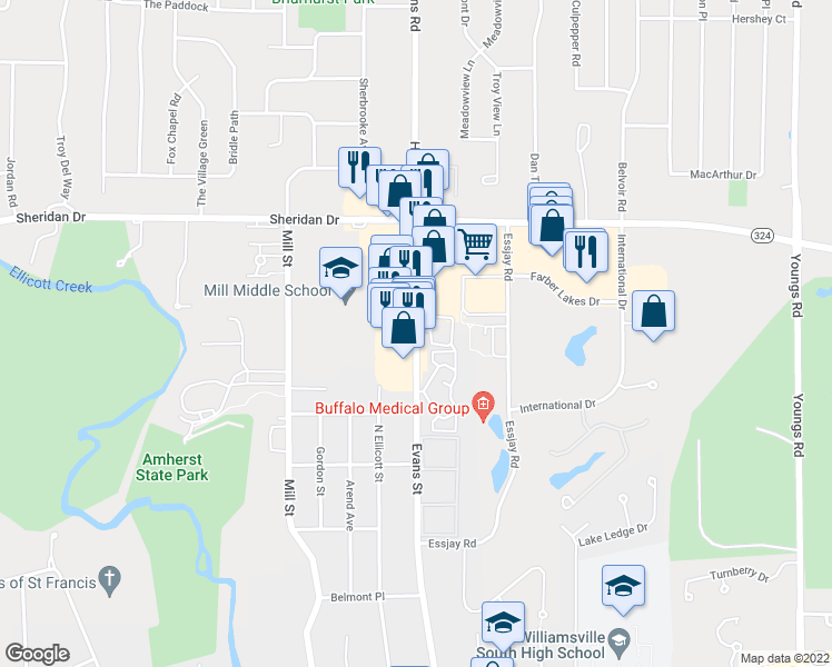 map of restaurants, bars, coffee shops, grocery stores, and more near Evans Street in Buffalo
