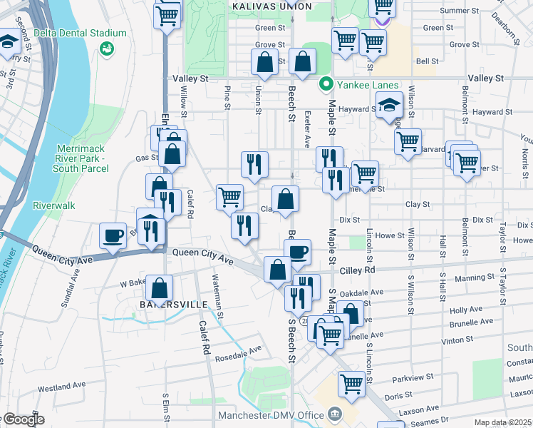map of restaurants, bars, coffee shops, grocery stores, and more near 49 Union Street in Manchester