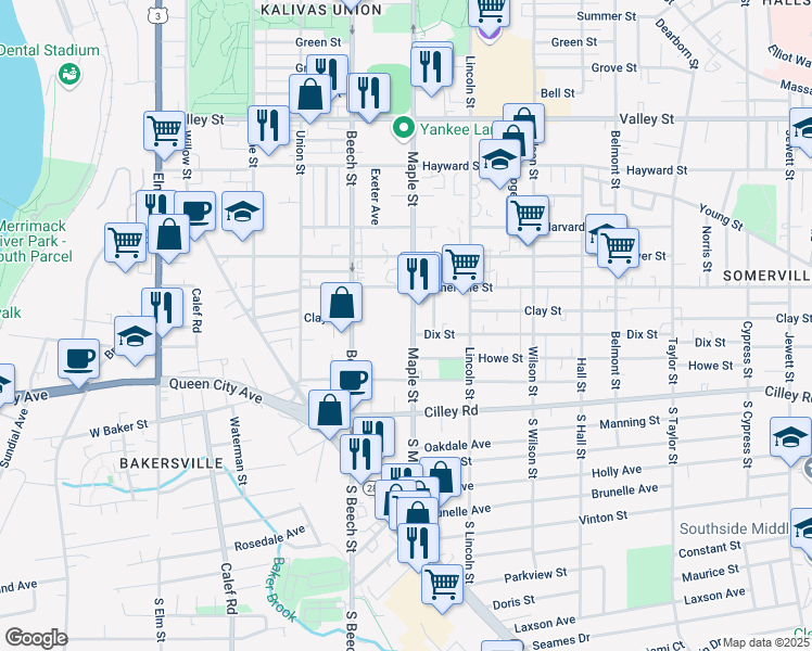 map of restaurants, bars, coffee shops, grocery stores, and more near 46-64 Maple Street in Manchester