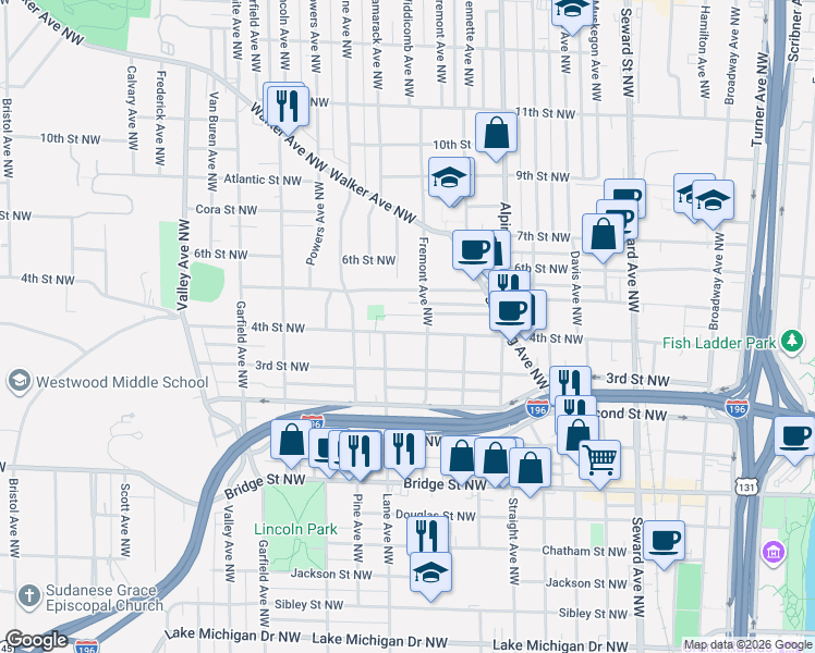 map of restaurants, bars, coffee shops, grocery stores, and more near 918 Nagold Street Northwest in Grand Rapids