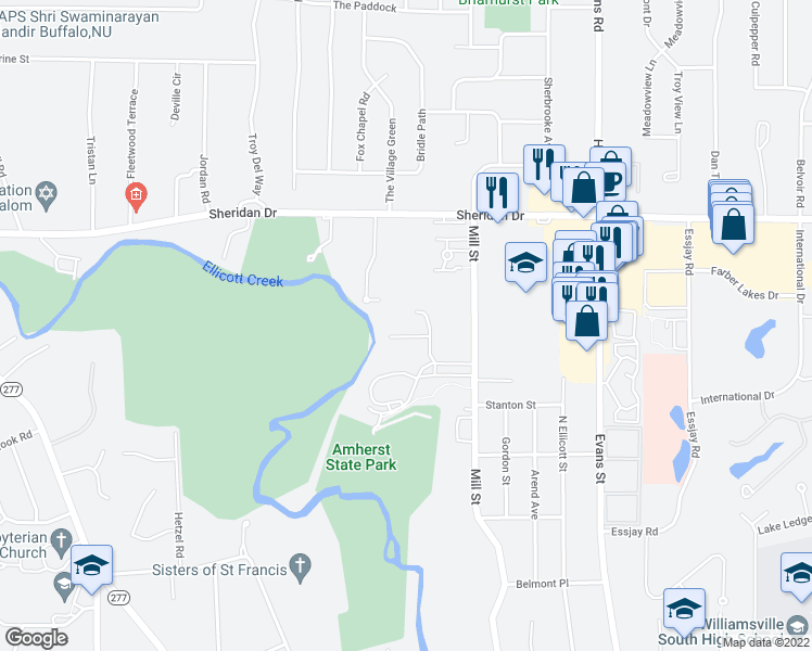 map of restaurants, bars, coffee shops, grocery stores, and more near 410 Mill Street in Buffalo