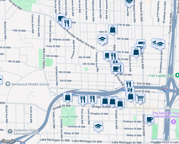 map of restaurants, bars, coffee shops, grocery stores, and more near 935 4th Street Northwest in Grand Rapids