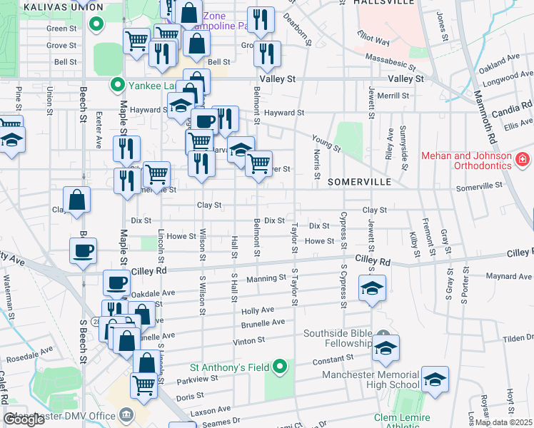 map of restaurants, bars, coffee shops, grocery stores, and more near 78 South Belmont Street in Manchester