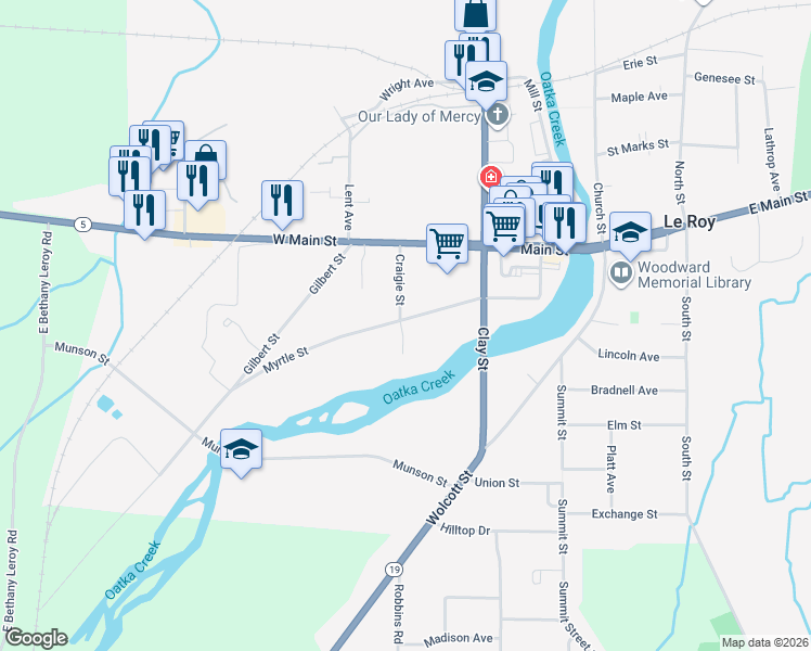 map of restaurants, bars, coffee shops, grocery stores, and more near 61 Myrtle Street in Le Roy