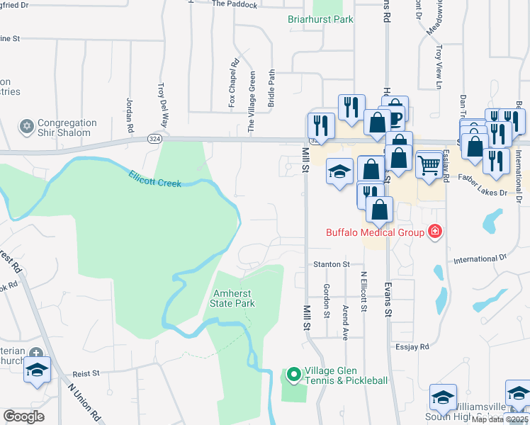 map of restaurants, bars, coffee shops, grocery stores, and more near 410 Mill Street in Buffalo