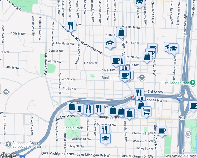 map of restaurants, bars, coffee shops, grocery stores, and more near 922 4th Street Northwest in Grand Rapids