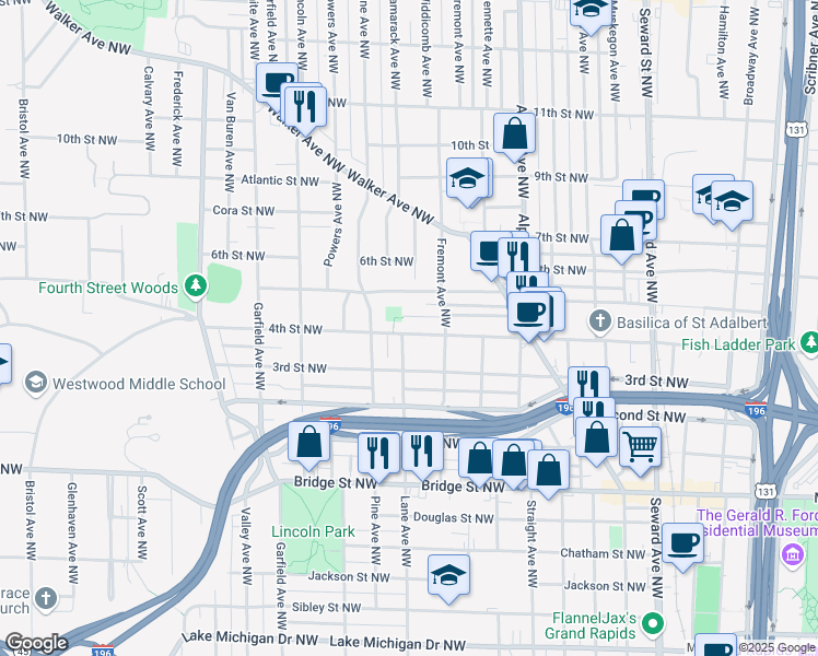 map of restaurants, bars, coffee shops, grocery stores, and more near 922 4th Street Northwest in Grand Rapids