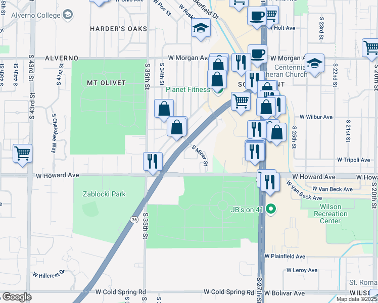 map of restaurants, bars, coffee shops, grocery stores, and more near 3823 South Miner Street in Milwaukee