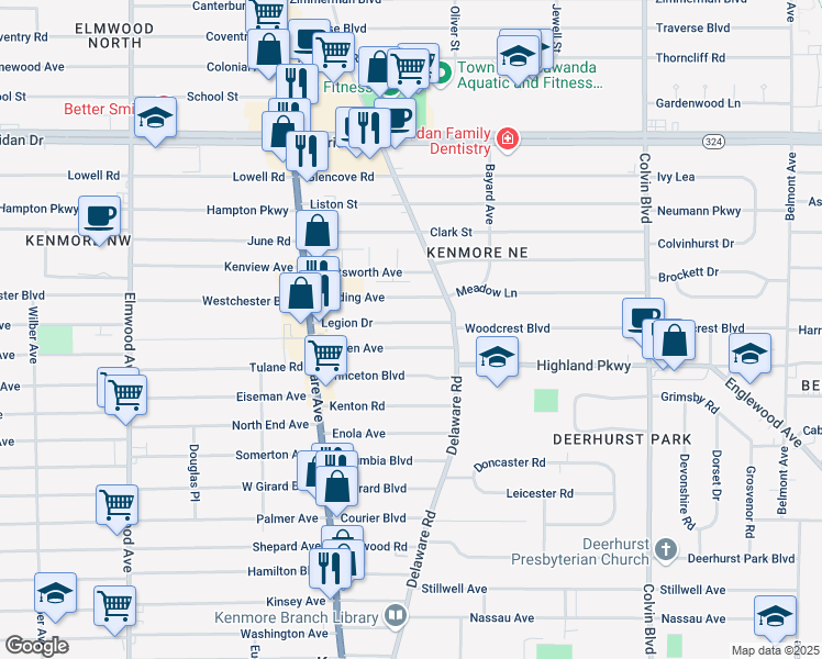 map of restaurants, bars, coffee shops, grocery stores, and more near 120 Linden Avenue in Buffalo