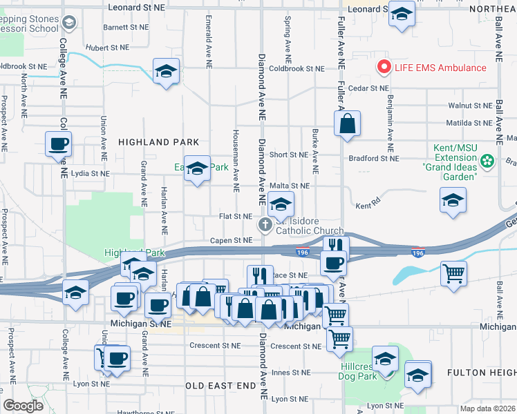 map of restaurants, bars, coffee shops, grocery stores, and more near 713 Diamond Avenue Northeast in Grand Rapids