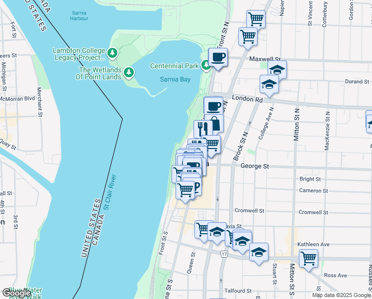 map of restaurants, bars, coffee shops, grocery stores, and more near 265 Front Street North in Sarnia