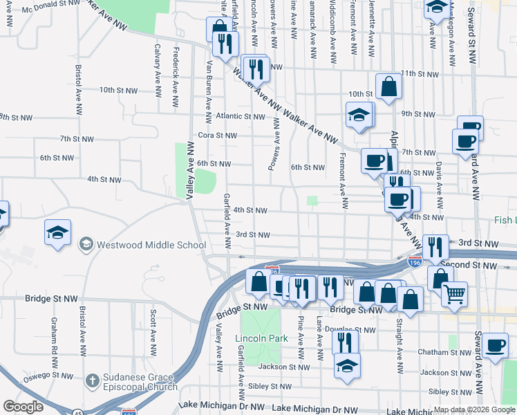 map of restaurants, bars, coffee shops, grocery stores, and more near 626 Lincoln Avenue Northwest in Grand Rapids