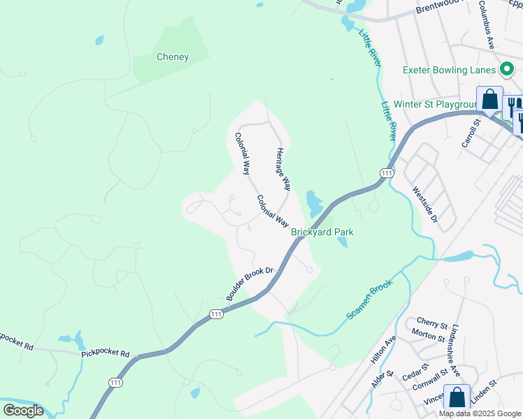 map of restaurants, bars, coffee shops, grocery stores, and more near 6 Colonial Way in Exeter