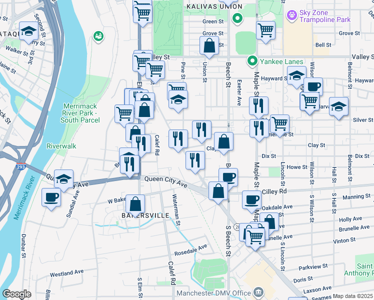 map of restaurants, bars, coffee shops, grocery stores, and more near 25 Warsaw Avenue in Manchester