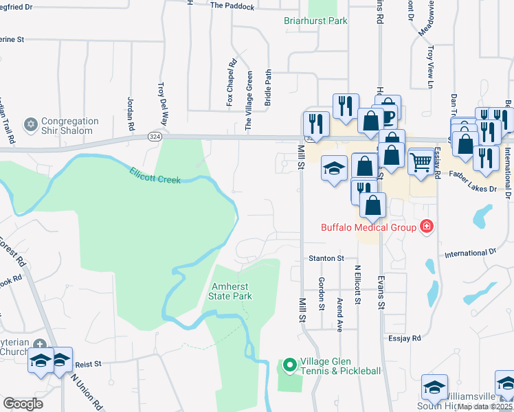map of restaurants, bars, coffee shops, grocery stores, and more near 410 Mill Street in Buffalo