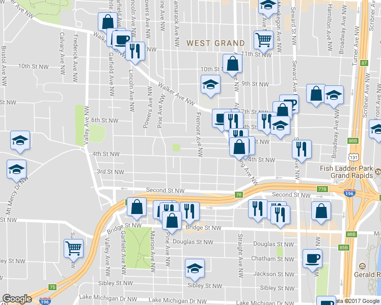 map of restaurants, bars, coffee shops, grocery stores, and more near 922 4th Street Northwest in Grand Rapids