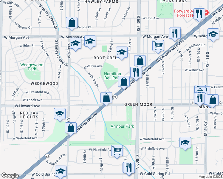 map of restaurants, bars, coffee shops, grocery stores, and more near 3854 South 63rd Street in Milwaukee