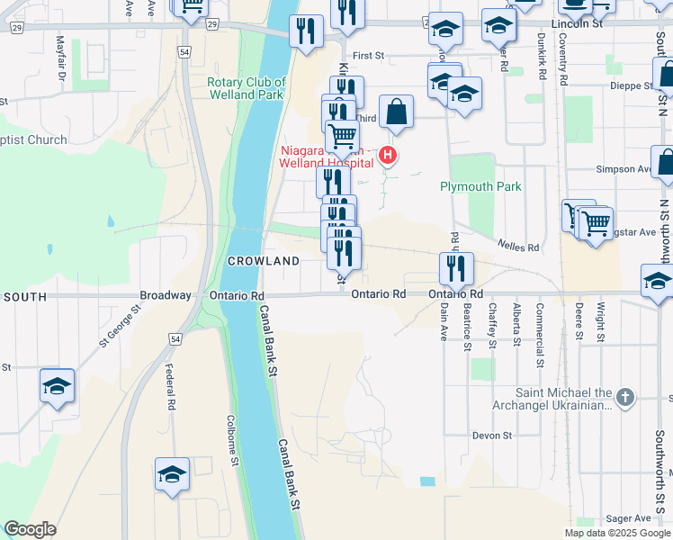 map of restaurants, bars, coffee shops, grocery stores, and more near 645 King Street in Welland