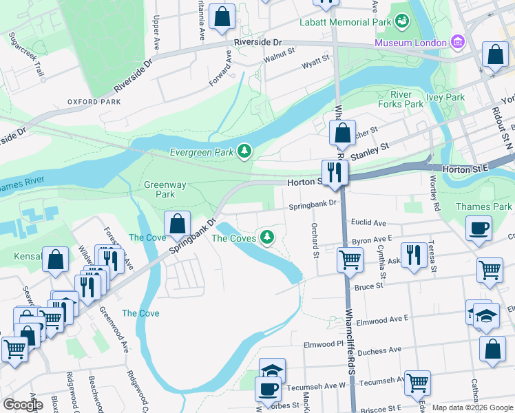 map of restaurants, bars, coffee shops, grocery stores, and more near 78 Springbank Drive in London