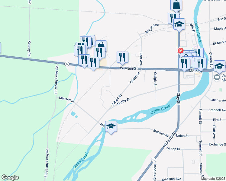 map of restaurants, bars, coffee shops, grocery stores, and more near 2 Tountas Avenue in Le Roy