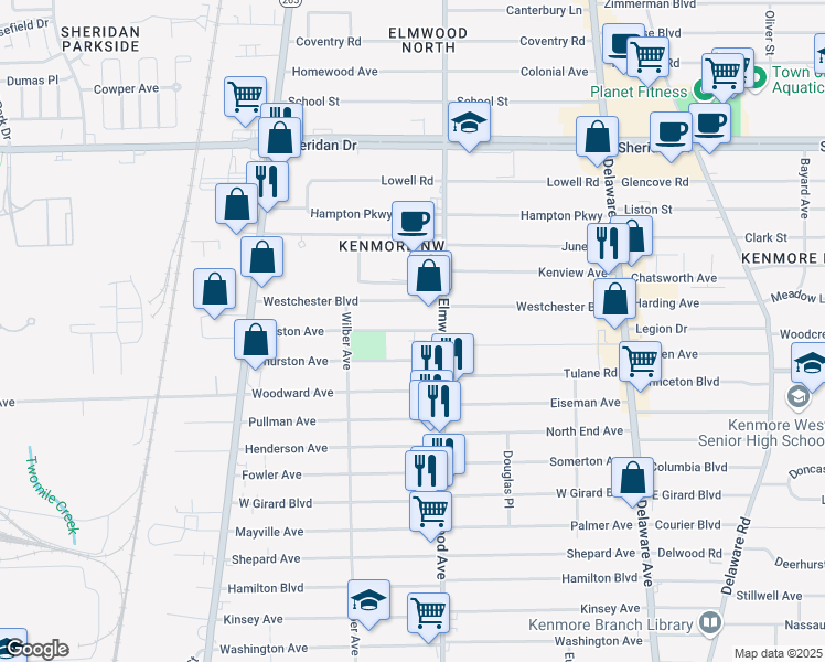 map of restaurants, bars, coffee shops, grocery stores, and more near 30 Ralston Avenue in Tonawanda