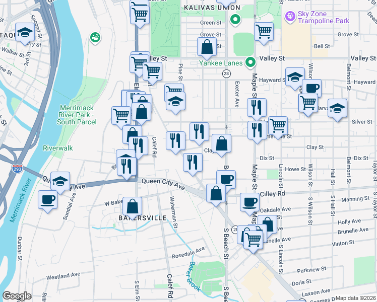 map of restaurants, bars, coffee shops, grocery stores, and more near 25 Warsaw Avenue in Manchester