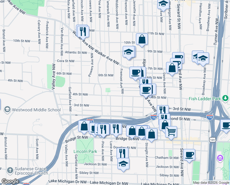 map of restaurants, bars, coffee shops, grocery stores, and more near 924 Nagold Street Northwest in Grand Rapids