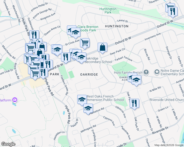 map of restaurants, bars, coffee shops, grocery stores, and more near 68 Larkspur Crescent in London