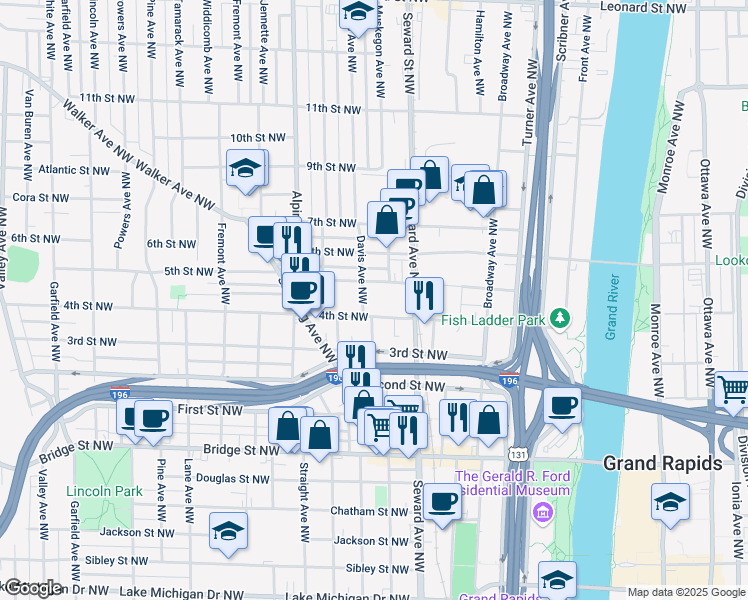 map of restaurants, bars, coffee shops, grocery stores, and more near 640 5th Street Northwest in Grand Rapids