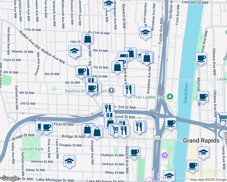 map of restaurants, bars, coffee shops, grocery stores, and more near 640 5th Street Northwest in Grand Rapids