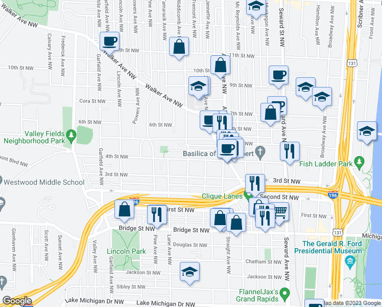 map of restaurants, bars, coffee shops, grocery stores, and more near 650 Fremont Avenue Northwest in Grand Rapids