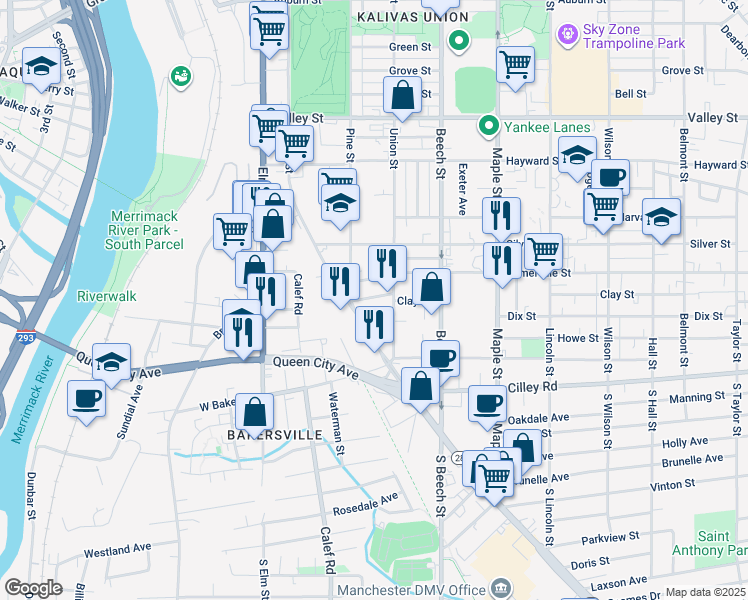 map of restaurants, bars, coffee shops, grocery stores, and more near 25 Warsaw Avenue in Manchester