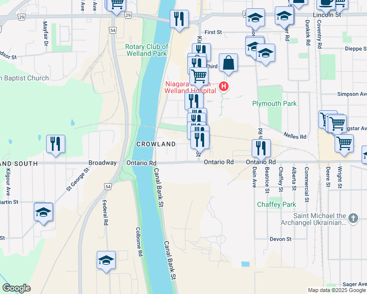 map of restaurants, bars, coffee shops, grocery stores, and more near in Welland