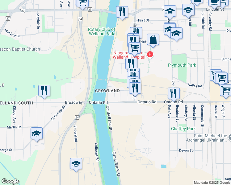 map of restaurants, bars, coffee shops, grocery stores, and more near in Welland