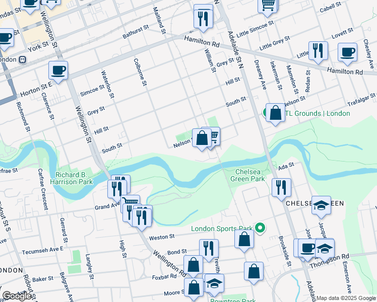 map of restaurants, bars, coffee shops, grocery stores, and more near 7 Maitland Street in London