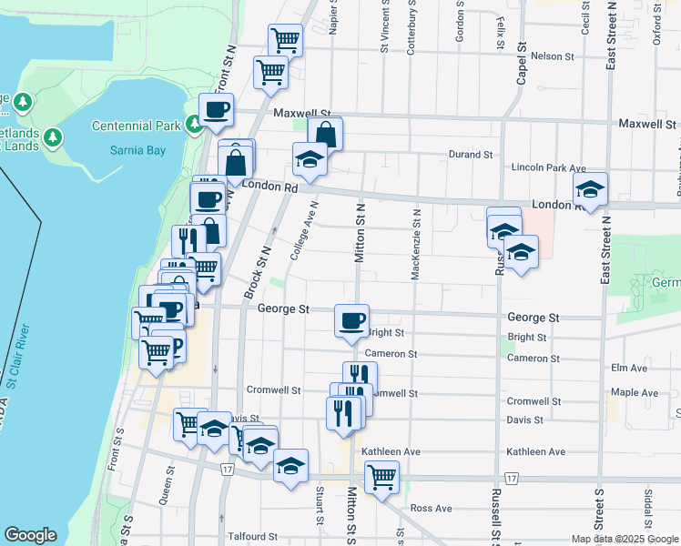 map of restaurants, bars, coffee shops, grocery stores, and more near 145 Essex Street in Sarnia