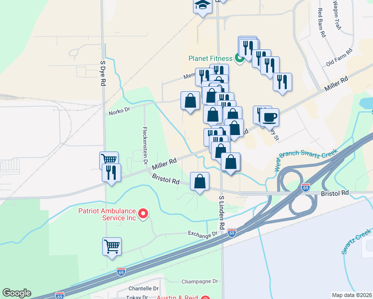 map of restaurants, bars, coffee shops, grocery stores, and more near 5085 Miller Road in Flint